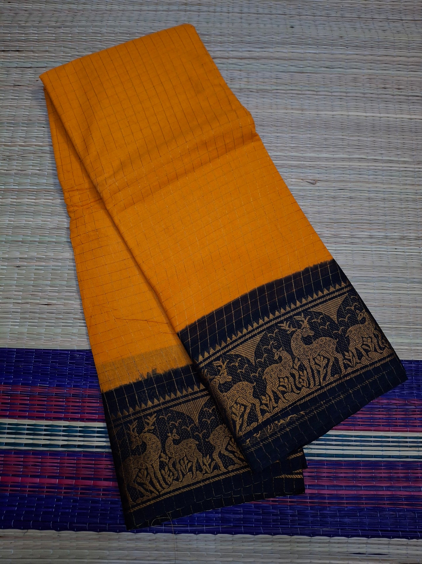 Sungudi Cotton - 7 Yard Zari Cheks Double Side Zari Border With Blouse Saree (ZRCH-01-YEL-BLK)