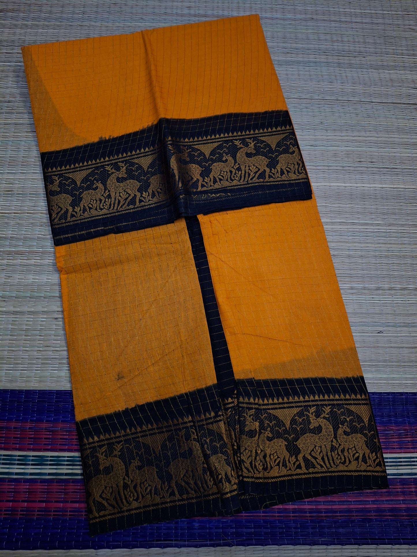 Sungudi Cotton - 7 Yard Zari Cheks Double Side Zari Border With Blouse Saree (ZRCH-01-YEL-BLK)