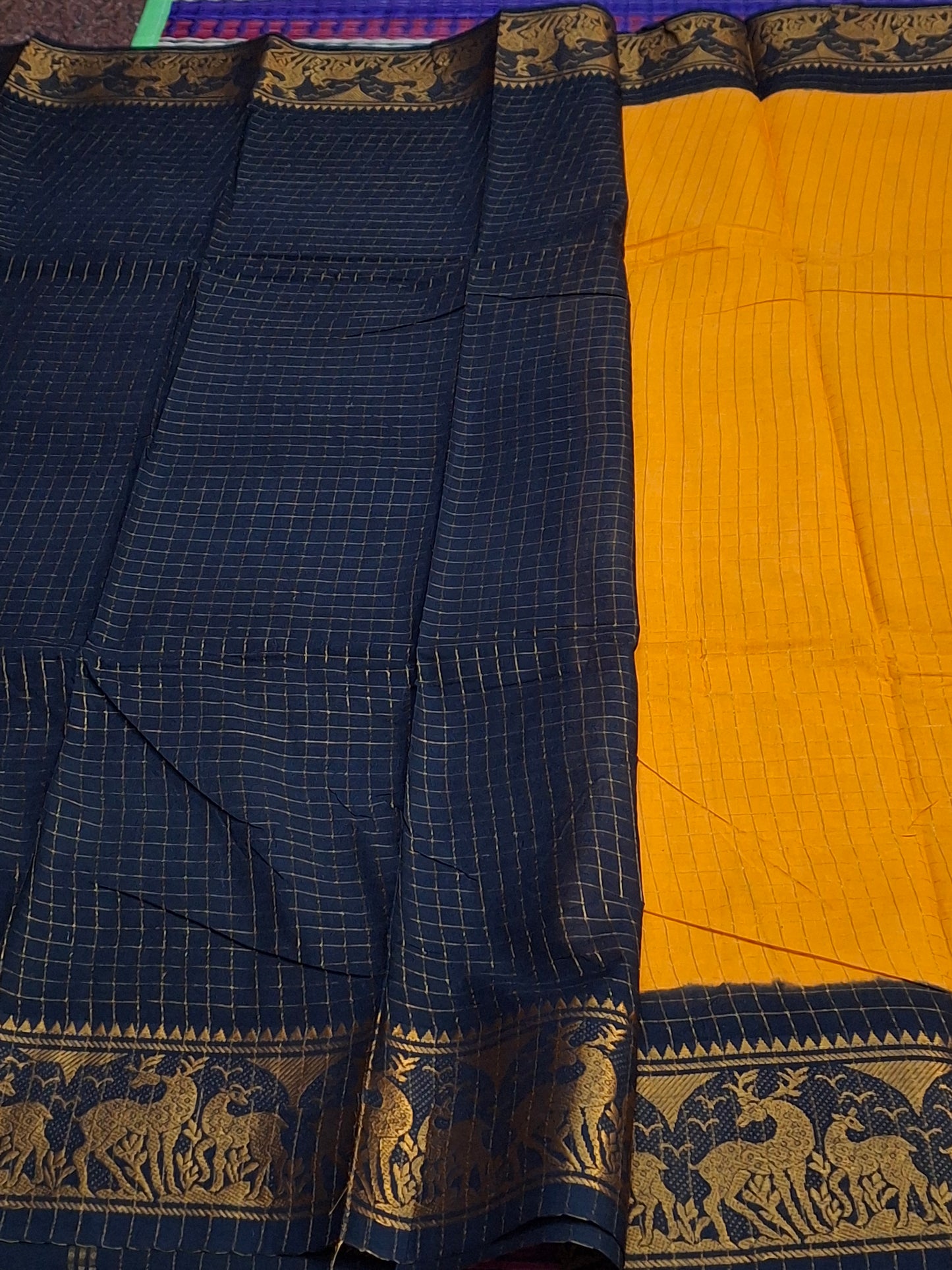 Sungudi Cotton - 7 Yard Zari Cheks Double Side Zari Border With Blouse Saree (ZRCH-01-YEL-BLK)