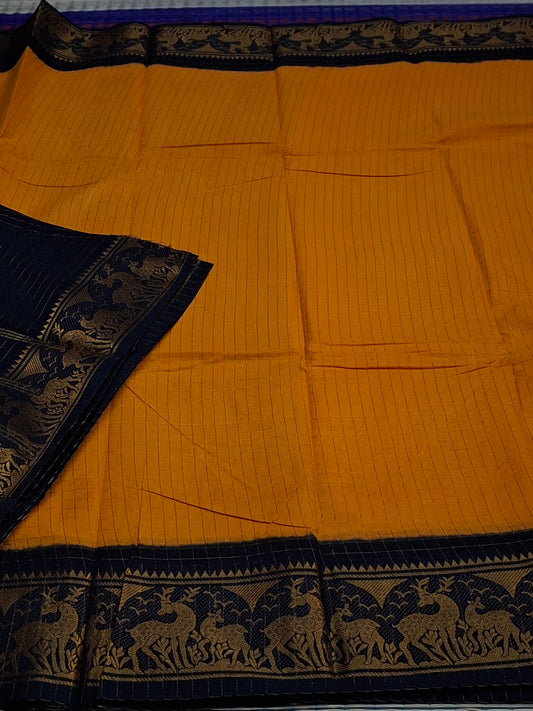 Sungudi Cotton - 7 Yard Zari Cheks Double Side Zari Border With Blouse Saree (ZRCH-01-YEL-BLK)