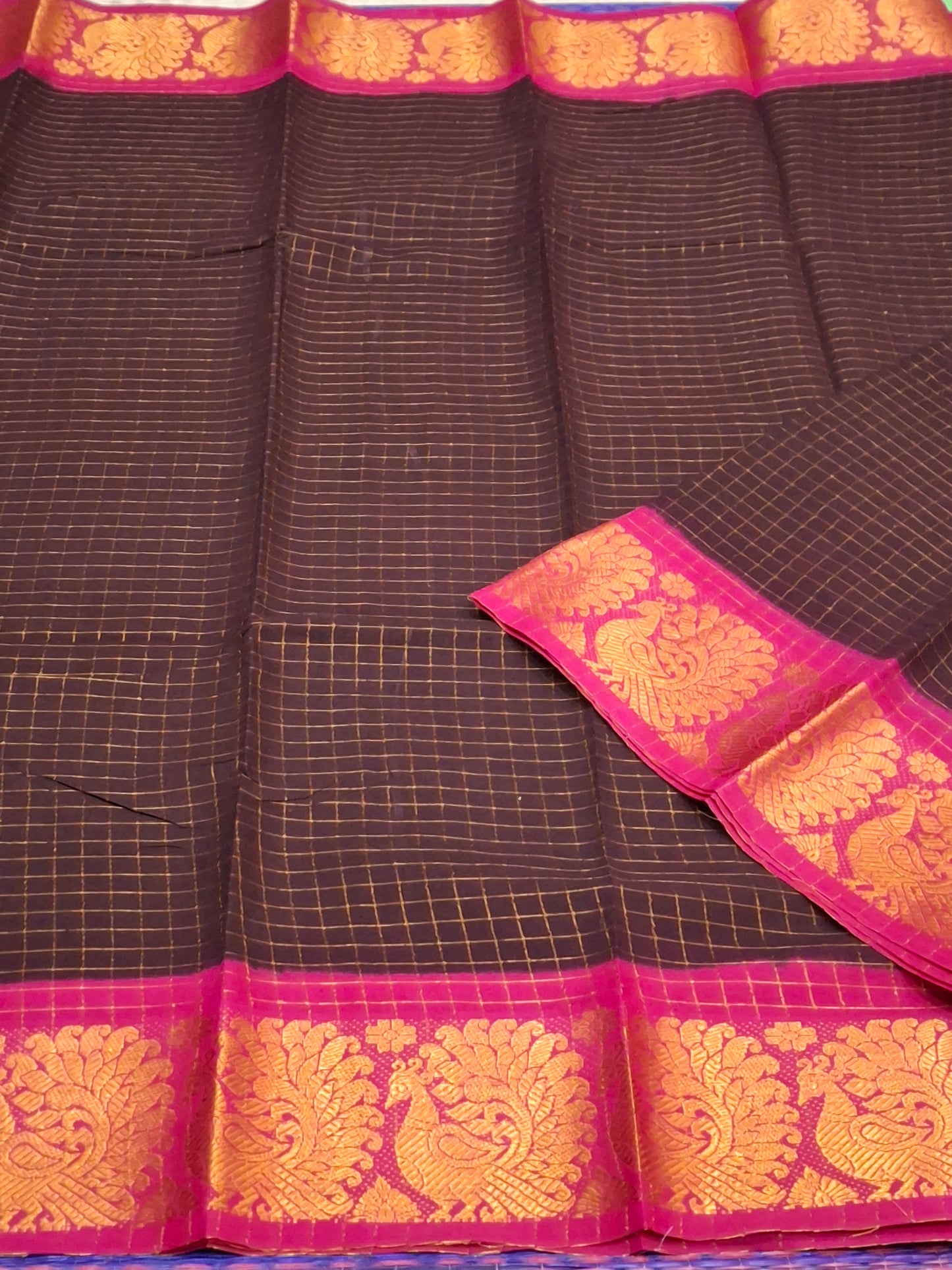 Sungudi Cotton - 7 Yard Zari Cheks Double Side Zari Border With Blouse Saree (ZRCH-01-YEL-BLK)