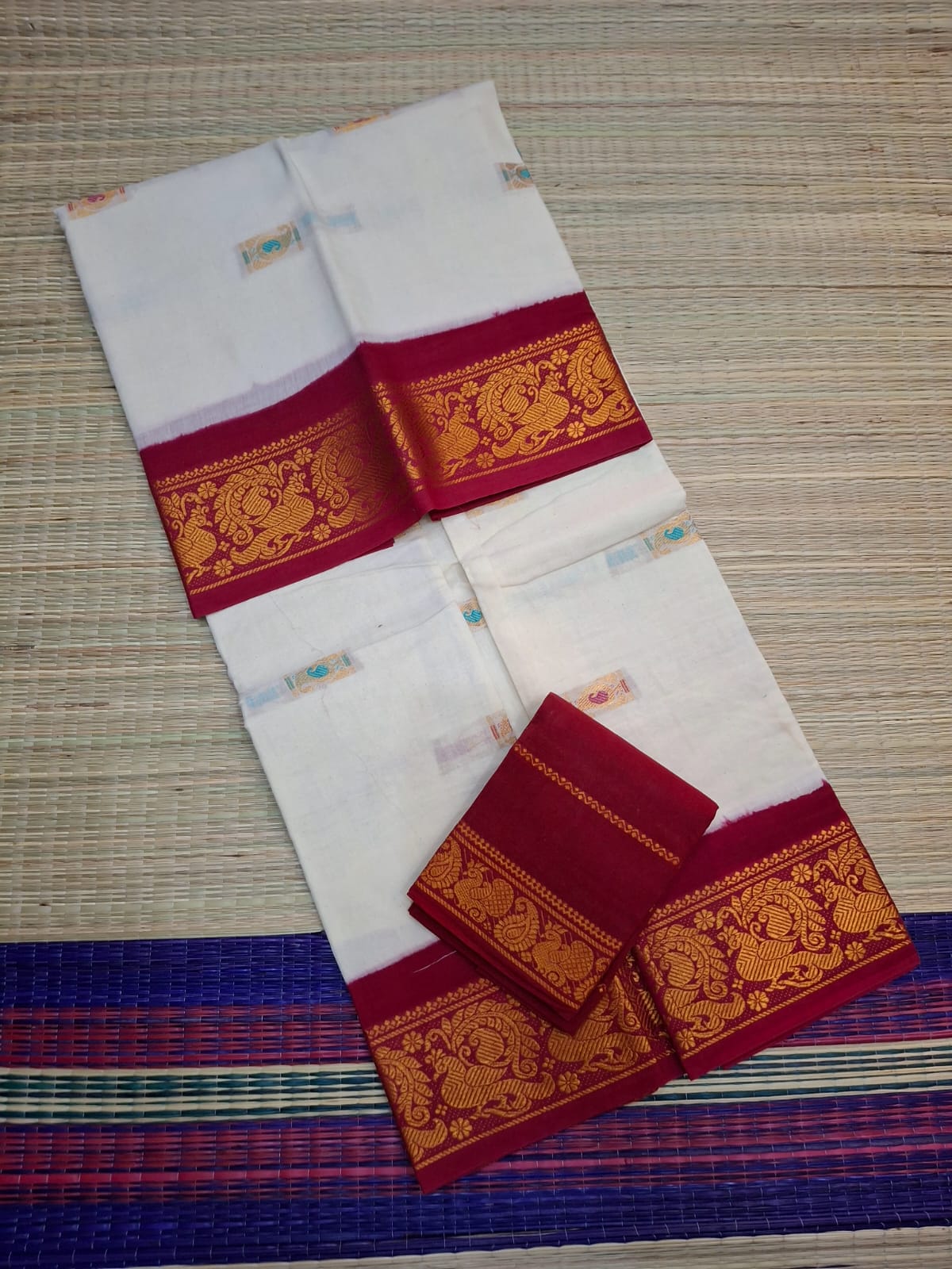 Madurai Sungudi Cotton - 6 Yard Meena Butta Double Side Gold Zari Border Dye and TIe