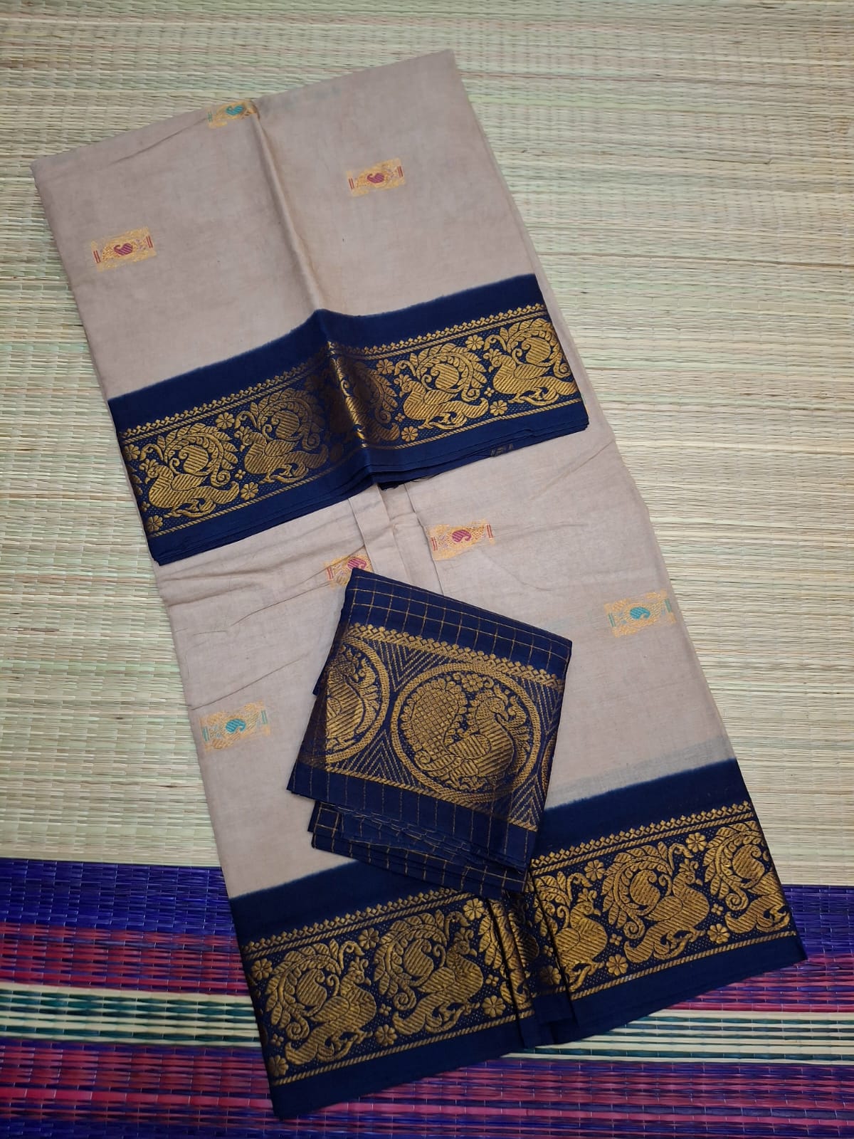 Madurai Sungudi Cotton - 6 Yard Meena Butta Double Side Gold Zari Border Dye and TIe