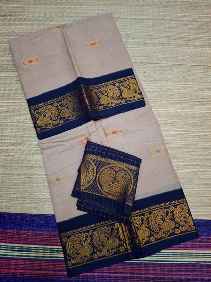 Madurai Sungudi Cotton - 6 Yard Meena Butta Double Side Gold Zari Border Dye and TIe