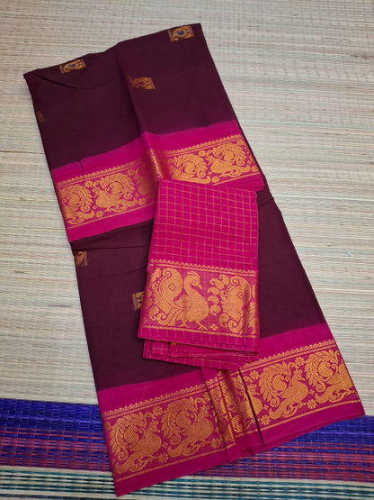 Madurai Sungudi Cotton - 6 Yard Meena Butta Double Side Gold Zari Border Dye and TIe
